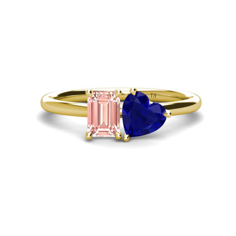 Esther Emerald Shape Morganite & Heart Shape Lab Created Blue Sapphire 2 Stone Duo Ring 