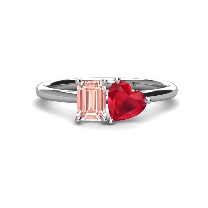 Esther Emerald Shape Morganite & Heart Shape Lab Created Ruby 2 Stone Duo Ring 