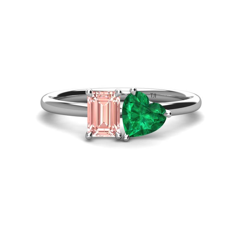 Esther Emerald Shape Morganite & Heart Shape Lab Created Emerald 2 Stone Duo Ring 