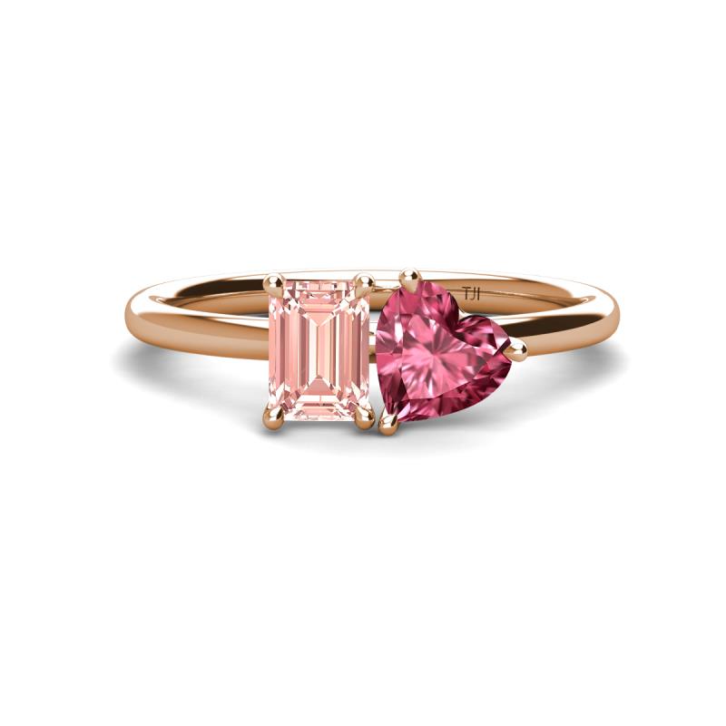 Esther Emerald Shape Morganite & Heart Shape Pink Tourmaline 2 Stone Duo Ring 