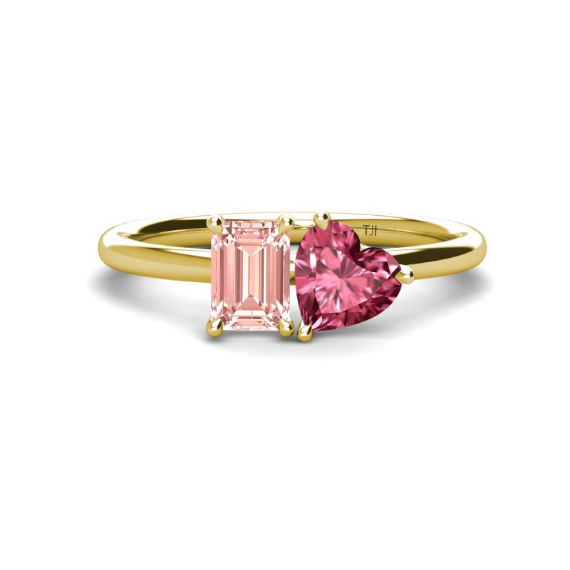 Esther Emerald Shape Morganite & Heart Shape Pink Tourmaline 2 Stone Duo Ring 