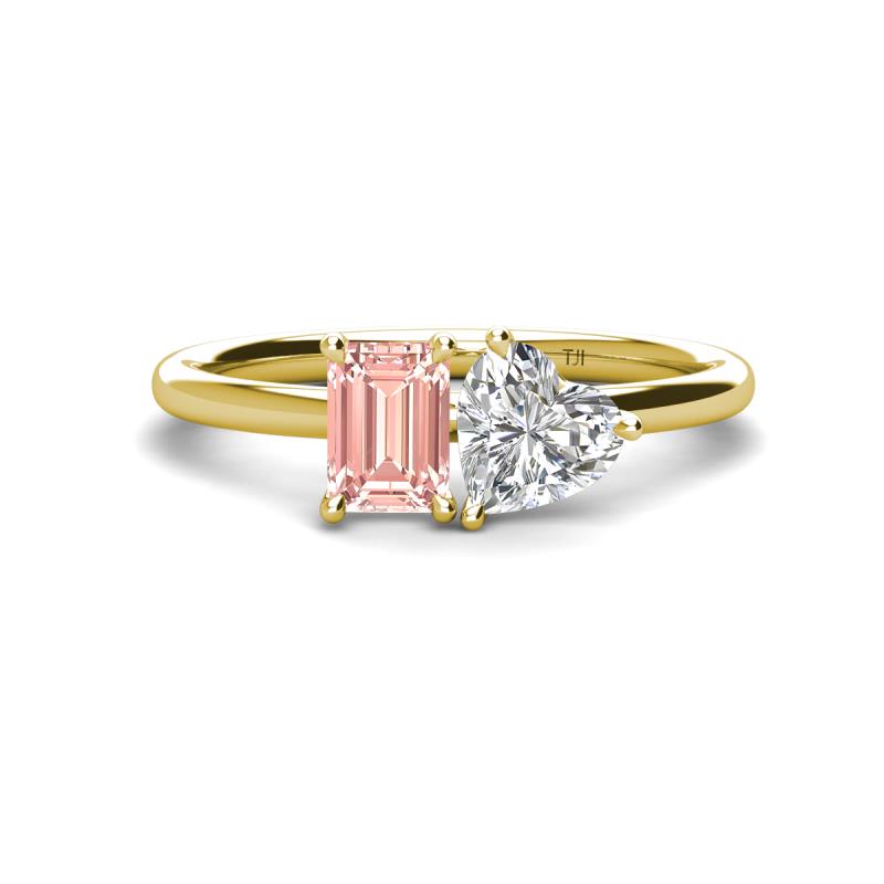 Esther Emerald Shape Morganite & Heart Shape Forever Brilliant Moissanite 2 Stone Duo Ring 