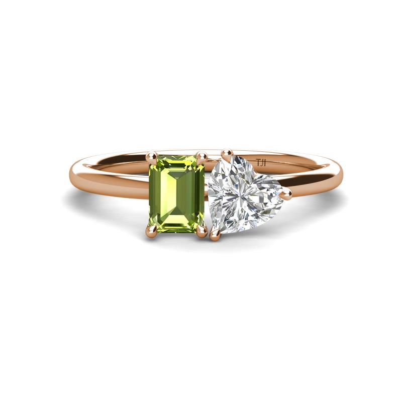 Esther Emerald Shape Peridot & Heart Shape Forever Brilliant Moissanite 2 Stone Duo Ring 