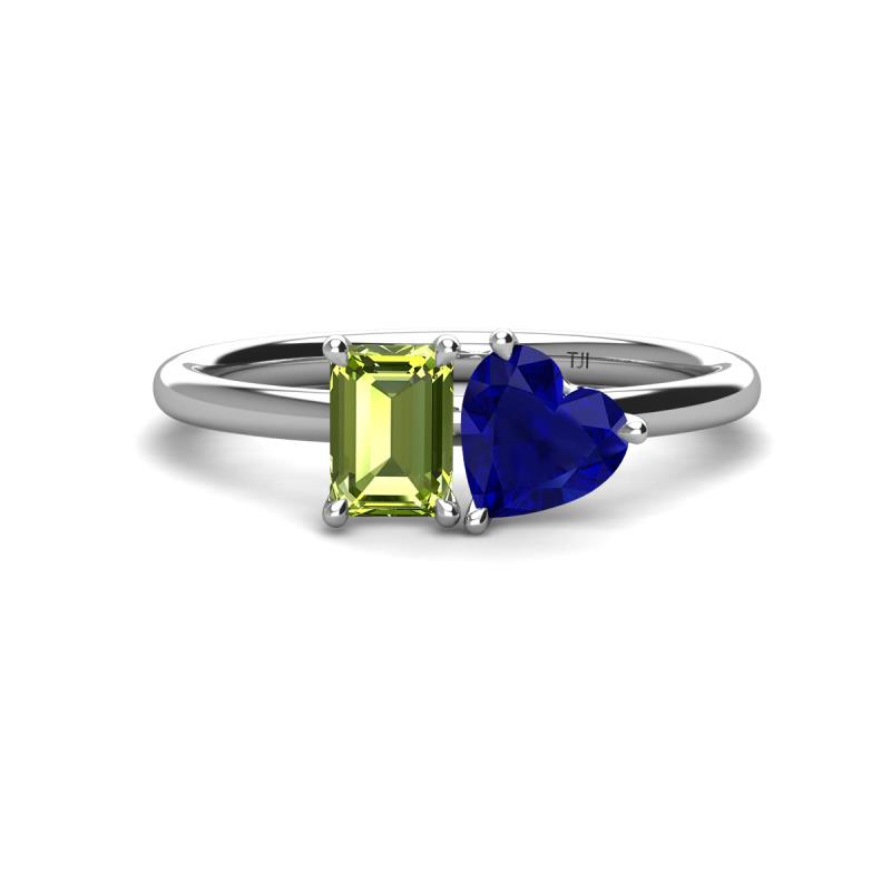 Esther Emerald Shape Peridot & Heart Shape Lab Created Blue Sapphire 2 Stone Duo Ring 