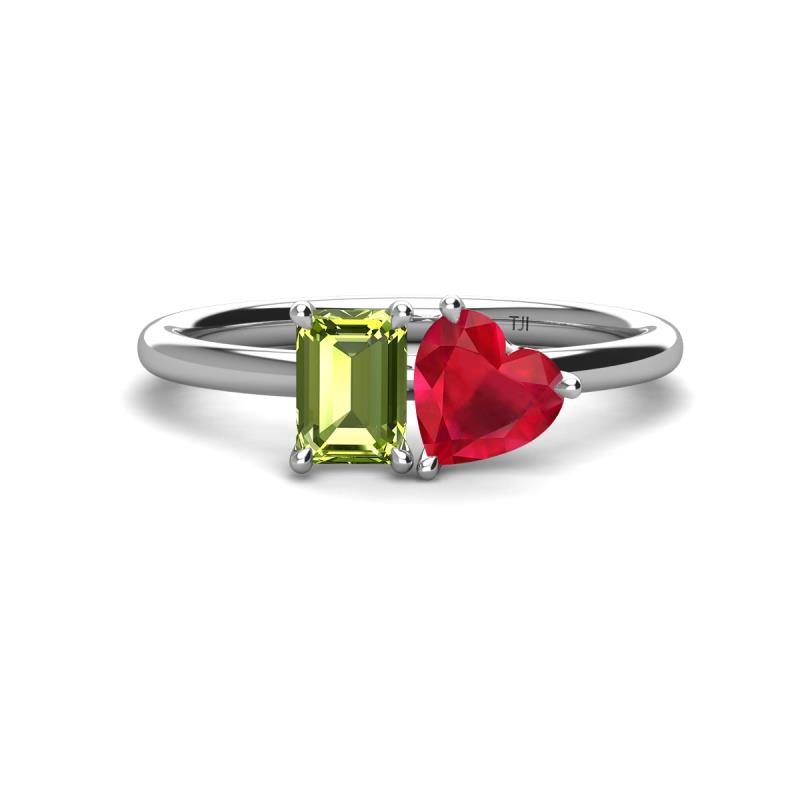 Esther Emerald Shape Peridot & Heart Shape Lab Created Ruby 2 Stone Duo Ring 