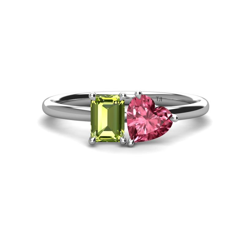 Esther Emerald Shape Peridot & Heart Shape Pink Tourmaline 2 Stone Duo Ring 