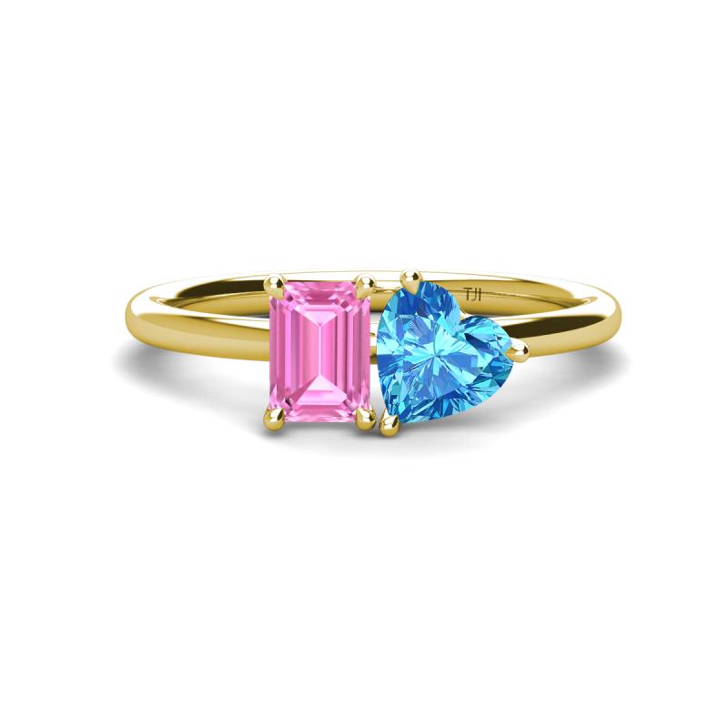 Esther Emerald Shape Pink Sapphire & Heart Shape Blue Topaz 2 Stone Duo Ring 