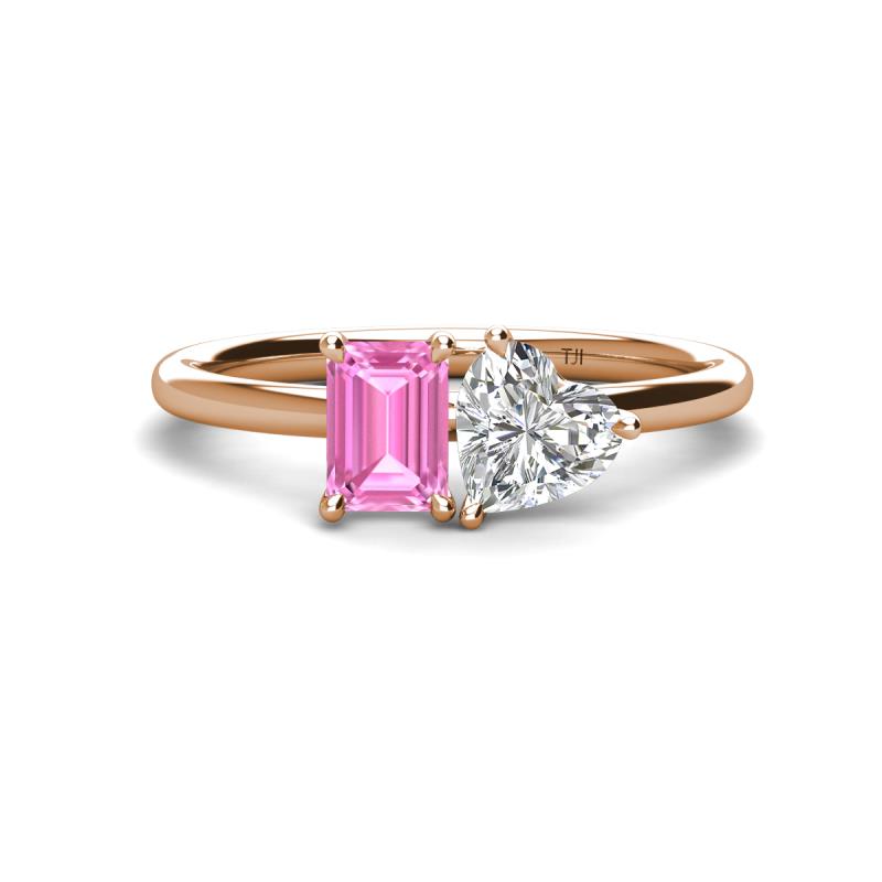 Esther Emerald Shape Pink Sapphire & Heart Shape Forever Brilliant Moissanite 2 Stone Duo Ring 