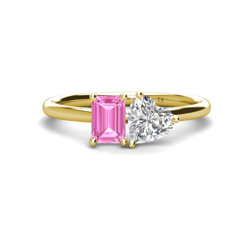 Esther IGI Certified Heart Shape Lab Grown Diamond & Emerald Shape Pink Sapphire 2 Stone Duo Ring 