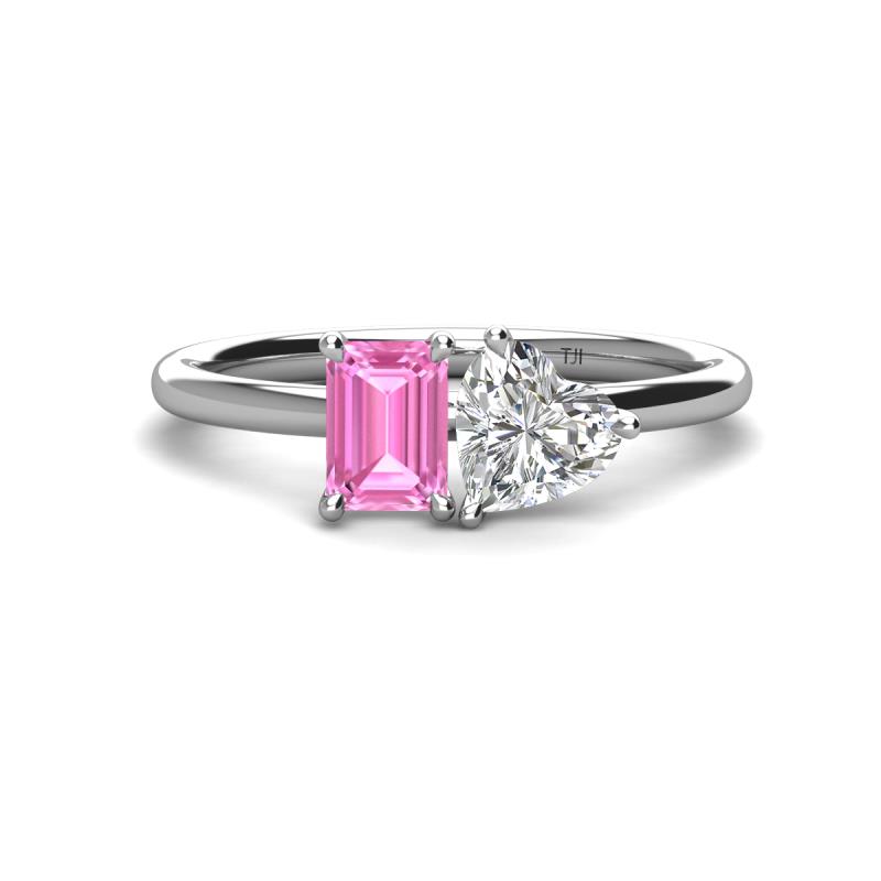 Esther IGI Certified Heart Shape Lab Grown Diamond & Emerald Shape Pink Sapphire 2 Stone Duo Ring 