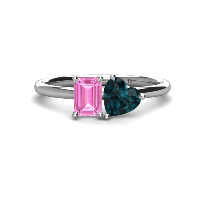 Esther Emerald Shape Pink Sapphire & Heart Shape London Blue Topaz 2 Stone Duo Ring 