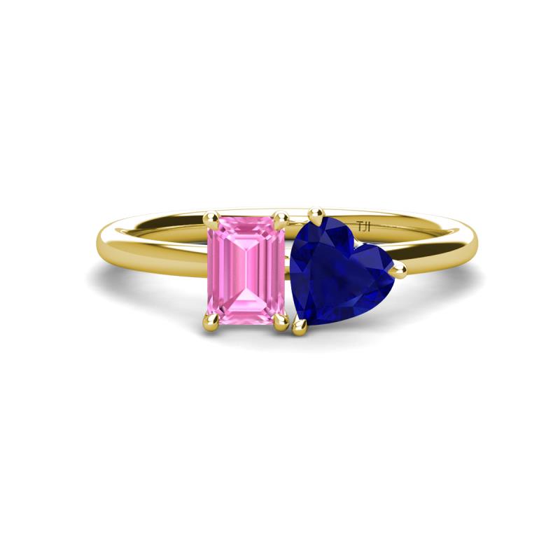 Esther Emerald Shape Pink Sapphire & Heart Shape Lab Created Blue Sapphire 2 Stone Duo Ring 
