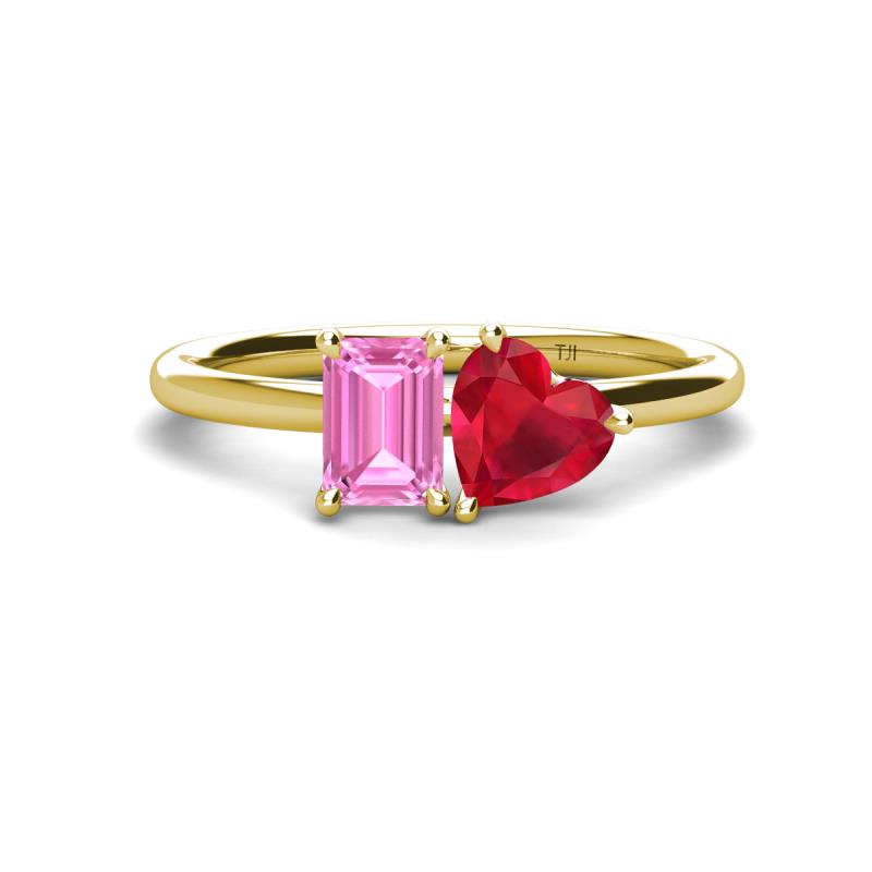 Esther Emerald Shape Pink Sapphire & Heart Shape Lab Created Ruby 2 Stone Duo Ring 