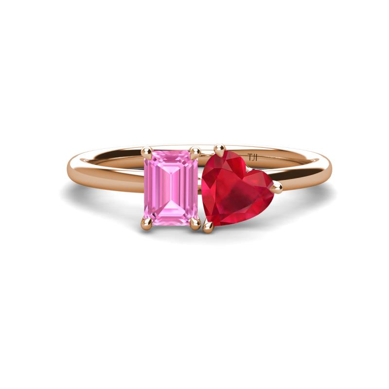 Esther Emerald Shape Pink Sapphire & Heart Shape Lab Created Ruby 2 Stone Duo Ring 