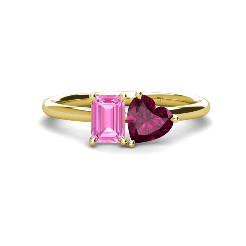 Esther Emerald Shape Pink Sapphire & Heart Shape Rhodolite Garnet 2 Stone Duo Ring 