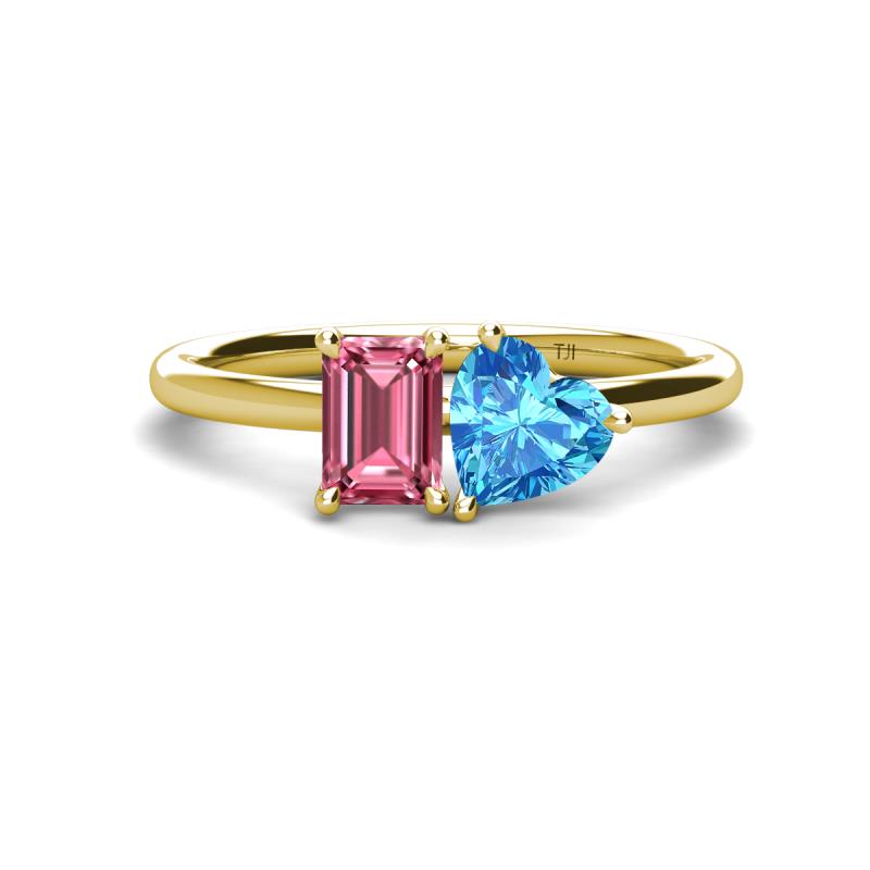 Esther Emerald Shape Pink Tourmaline & Heart Shape Blue Topaz 2 Stone Duo Ring 