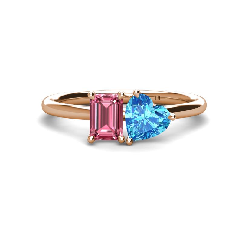 Esther Emerald Shape Pink Tourmaline & Heart Shape Blue Topaz 2 Stone Duo Ring 