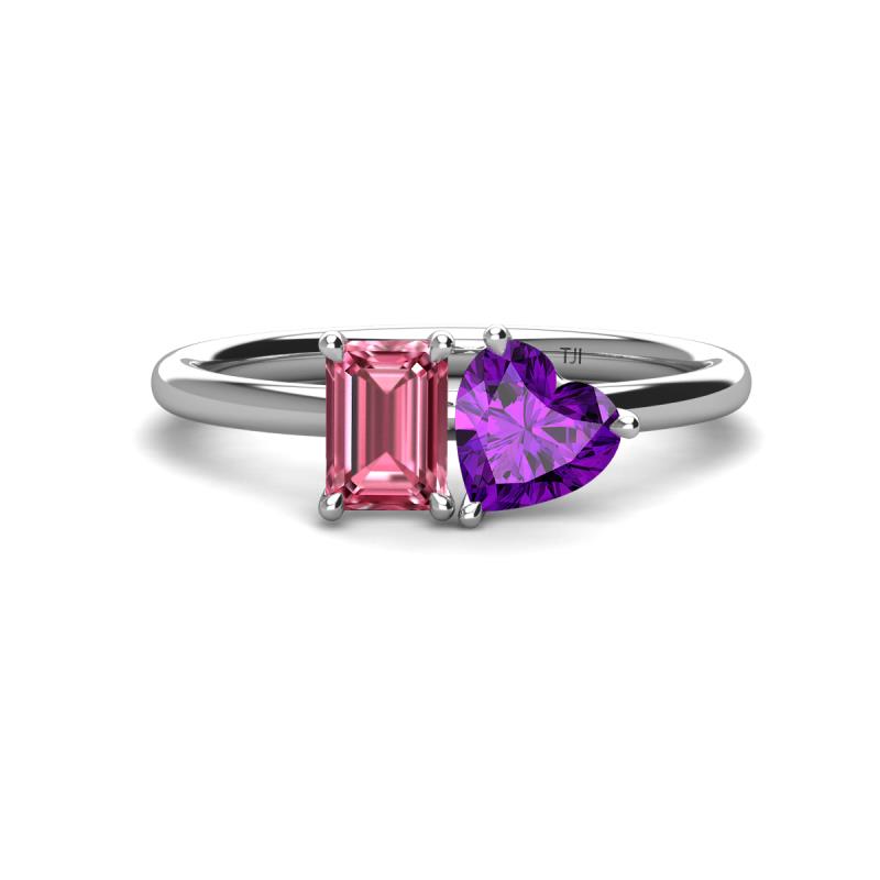 Esther Emerald Shape Pink Tourmaline & Heart Shape Amethyst 2 Stone Duo Ring 