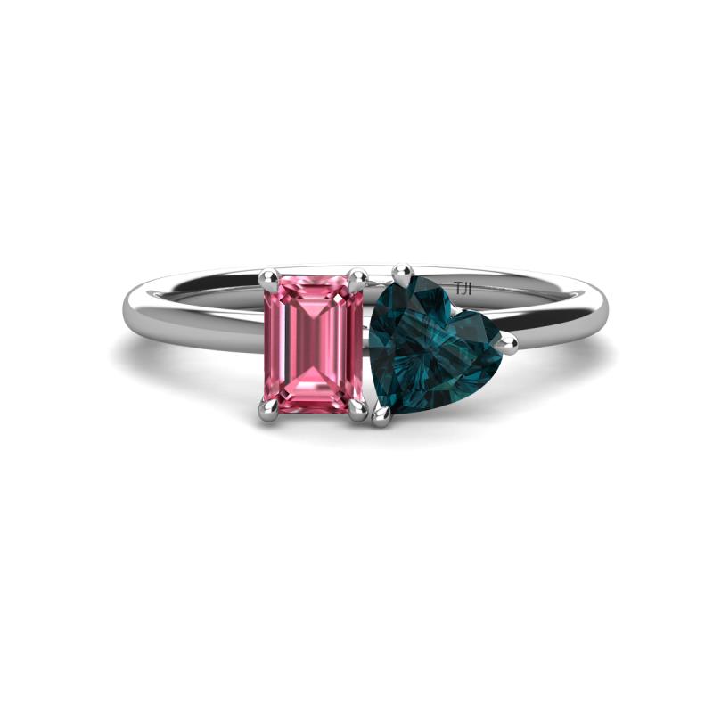 Esther Emerald Shape Pink Tourmaline & Heart Shape London Blue Topaz 2 Stone Duo Ring 