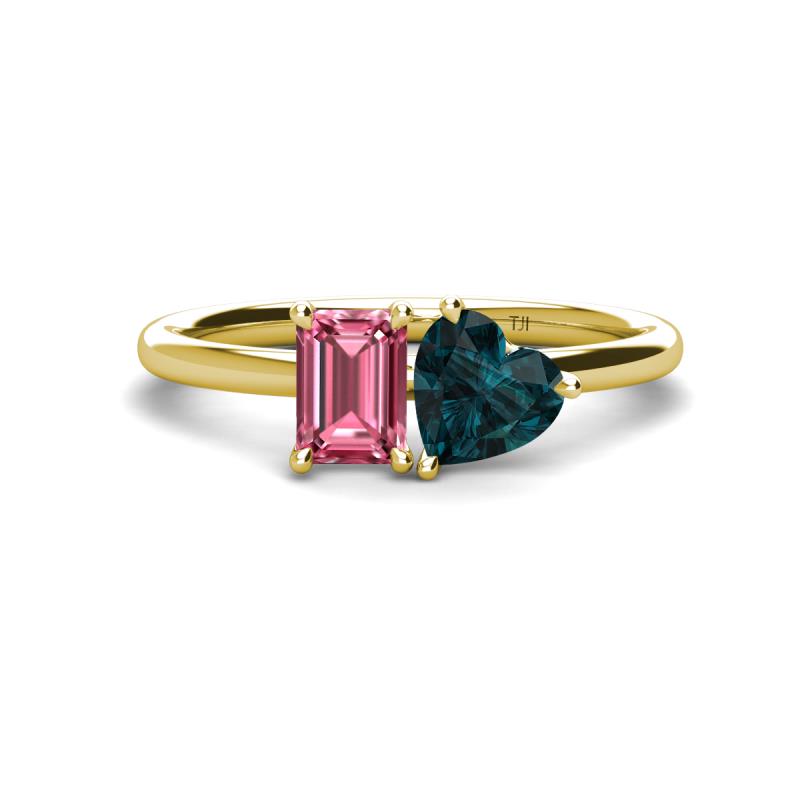 Esther Emerald Shape Pink Tourmaline & Heart Shape London Blue Topaz 2 Stone Duo Ring 