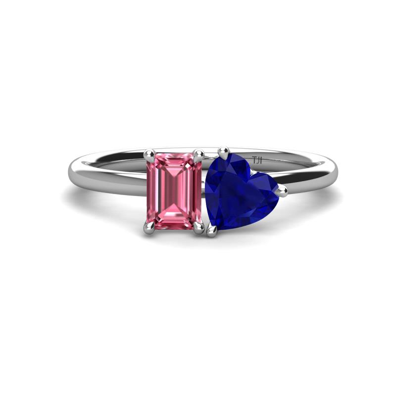 Esther Emerald Shape Pink Tourmaline & Heart Shape Lab Created Blue Sapphire 2 Stone Duo Ring 