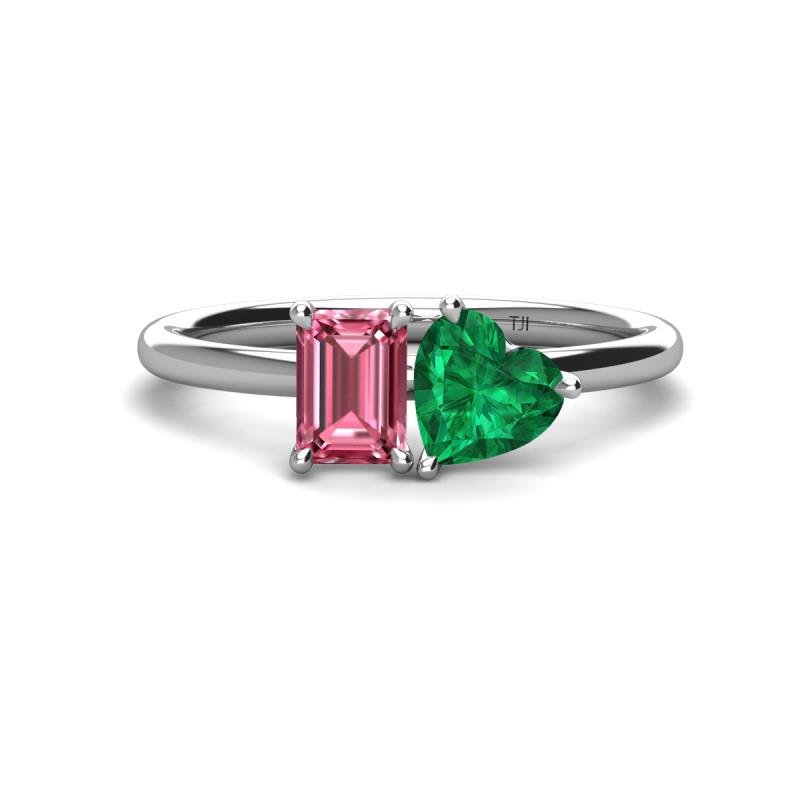 Esther Emerald Shape Pink Tourmaline & Heart Shape Lab Created Emerald 2 Stone Duo Ring 