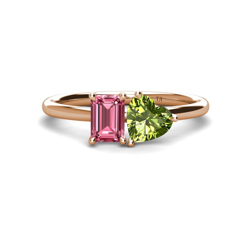 Esther Emerald Shape Pink Tourmaline & Heart Shape Peridot 2 Stone Duo Ring 