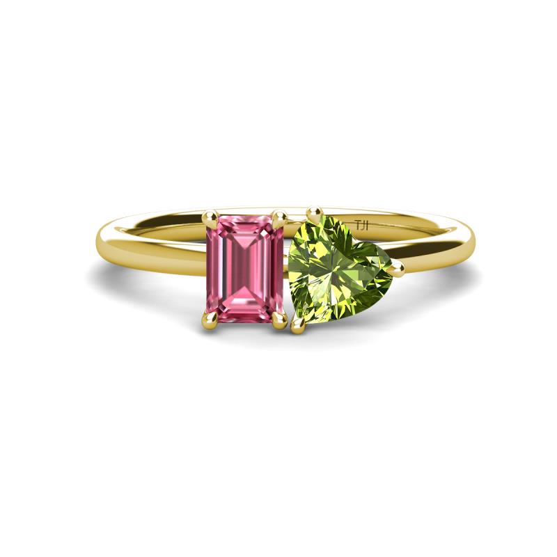 Esther Emerald Shape Pink Tourmaline & Heart Shape Peridot 2 Stone Duo Ring 