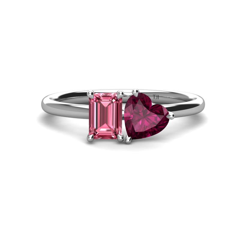 Esther Emerald Shape Pink Tourmaline & Heart Shape Rhodolite Garnet 2 Stone Duo Ring 