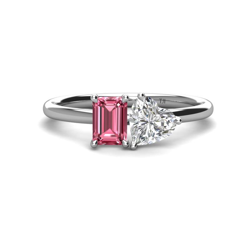 Esther IGI Certified Heart Shape Lab Grown Diamond & Emerald Shape Pink Tourmaline 2 Stone Duo Ring 