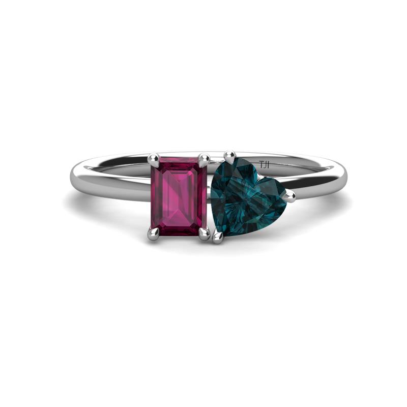 Esther Emerald Shape Rhodolite Garnet & Heart Shape London Blue Topaz 2 Stone Duo Ring 