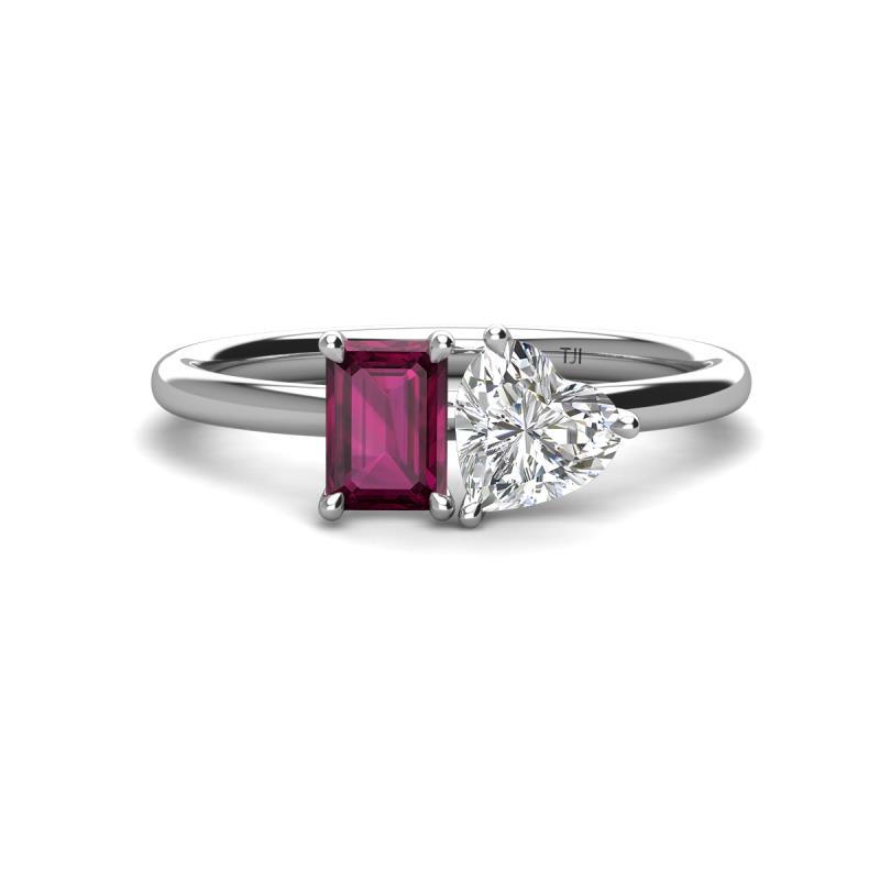 Esther Emerald Shape Rhodolite Garnet & Heart Shape Forever Brilliant Moissanite 2 Stone Duo Ring 