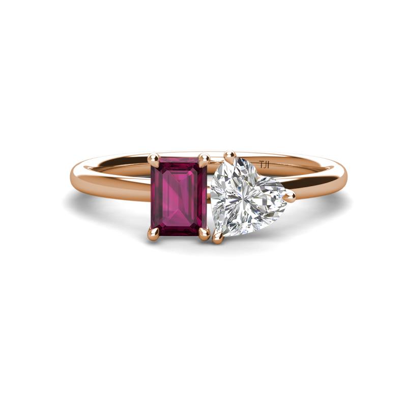 Esther Emerald Shape Rhodolite Garnet & Heart Shape Forever Brilliant Moissanite 2 Stone Duo Ring 