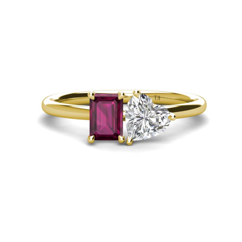 Esther GIA Certified Heart Shape Diamond & Emerald Shape Rhodolite Garnet 2 Stone Duo Ring 