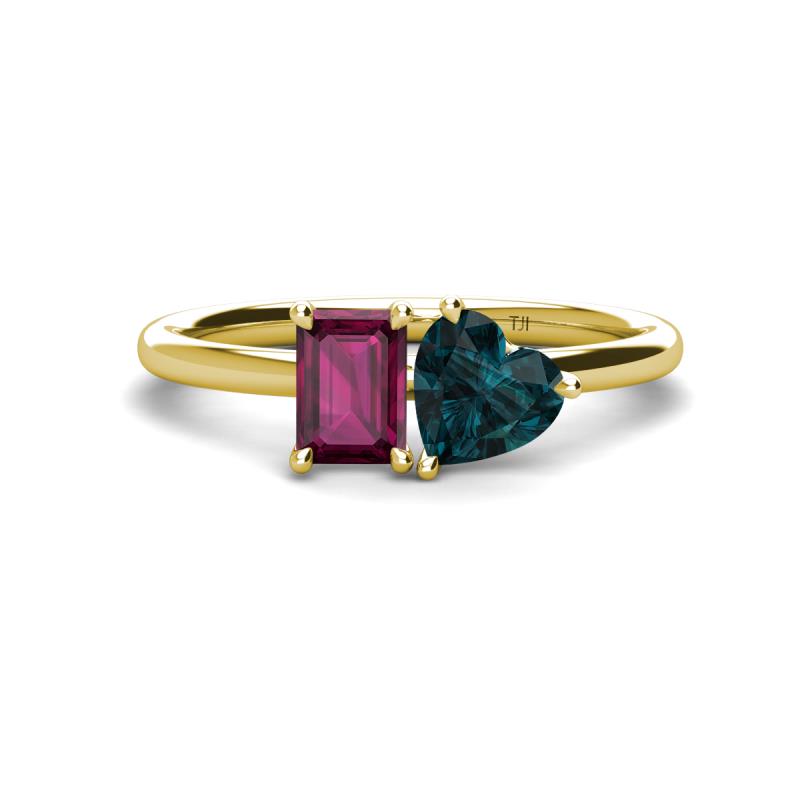 Esther Emerald Shape Rhodolite Garnet & Heart Shape London Blue Topaz 2 Stone Duo Ring 