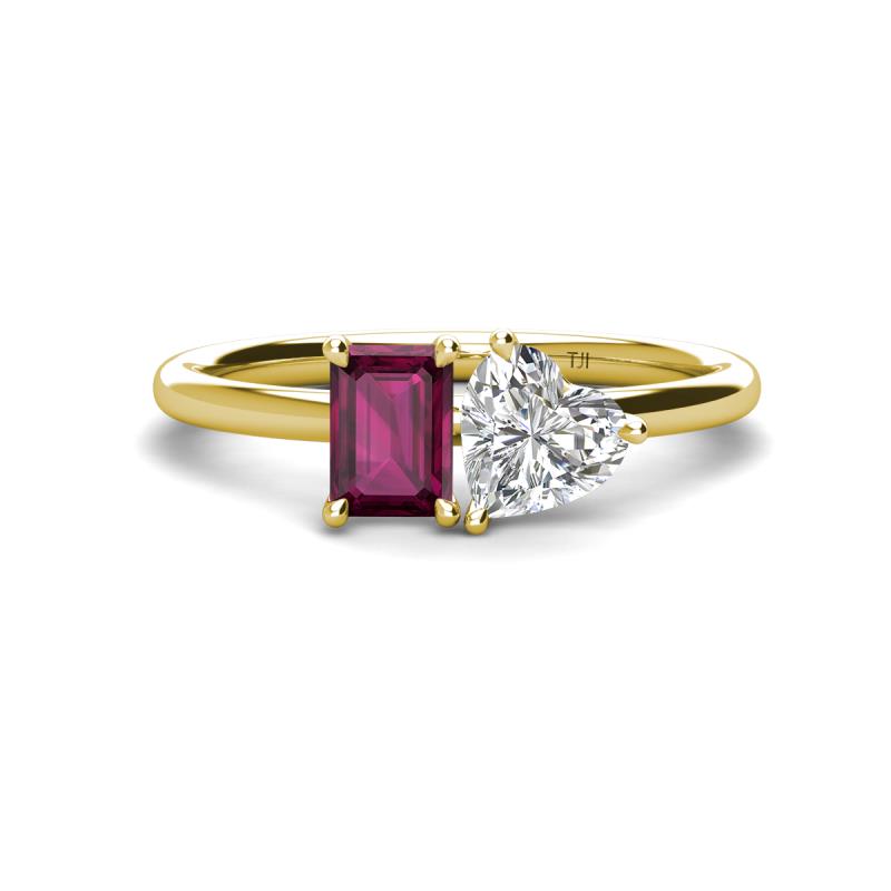 Esther IGI Certified Heart Shape Lab Grown Diamond & Emerald Shape Rhodolite Garnet 2 Stone Duo Ring 