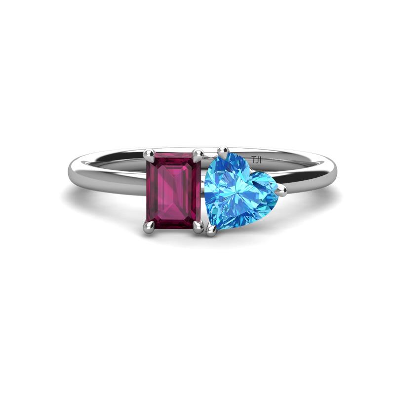 Esther Emerald Shape Rhodolite Garnet & Heart Shape Blue Topaz 2 Stone Duo Ring 