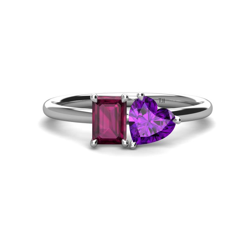 Esther Emerald Shape Rhodolite Garnet & Heart Shape Amethyst 2 Stone Duo Ring 