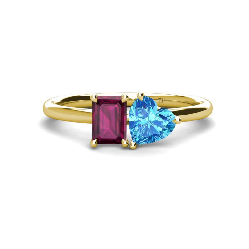 Esther Emerald Shape Rhodolite Garnet & Heart Shape Blue Topaz 2 Stone Duo Ring 