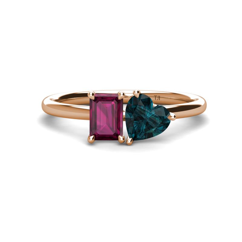 Esther Emerald Shape Rhodolite Garnet & Heart Shape London Blue Topaz 2 Stone Duo Ring 