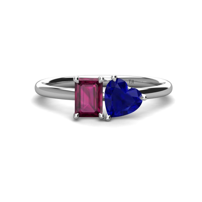 Esther Emerald Shape Rhodolite Garnet & Heart Shape Lab Created Blue Sapphire 2 Stone Duo Ring 