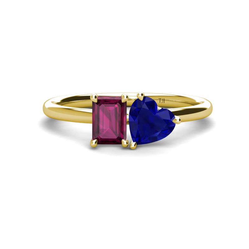 Esther Emerald Shape Rhodolite Garnet & Heart Shape Lab Created Blue Sapphire 2 Stone Duo Ring 