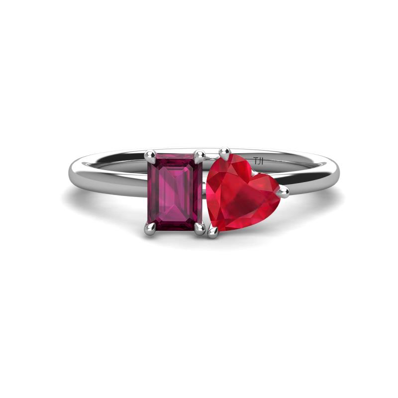 Esther Emerald Shape Rhodolite Garnet & Heart Shape Lab Created Ruby 2 Stone Duo Ring 