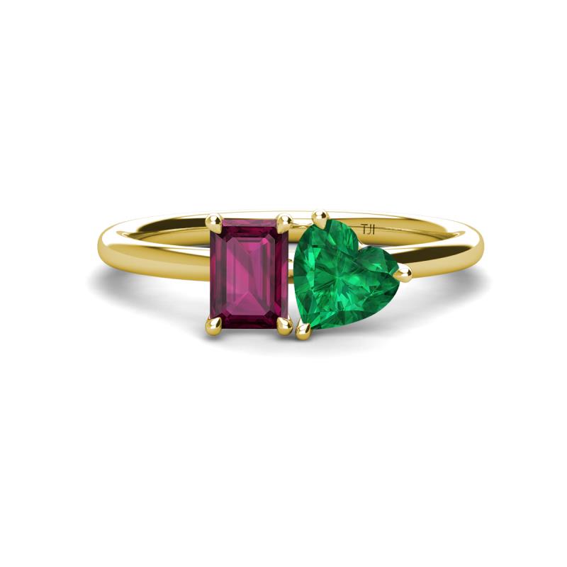 Esther Emerald Shape Rhodolite Garnet & Heart Shape Lab Created Emerald 2 Stone Duo Ring 