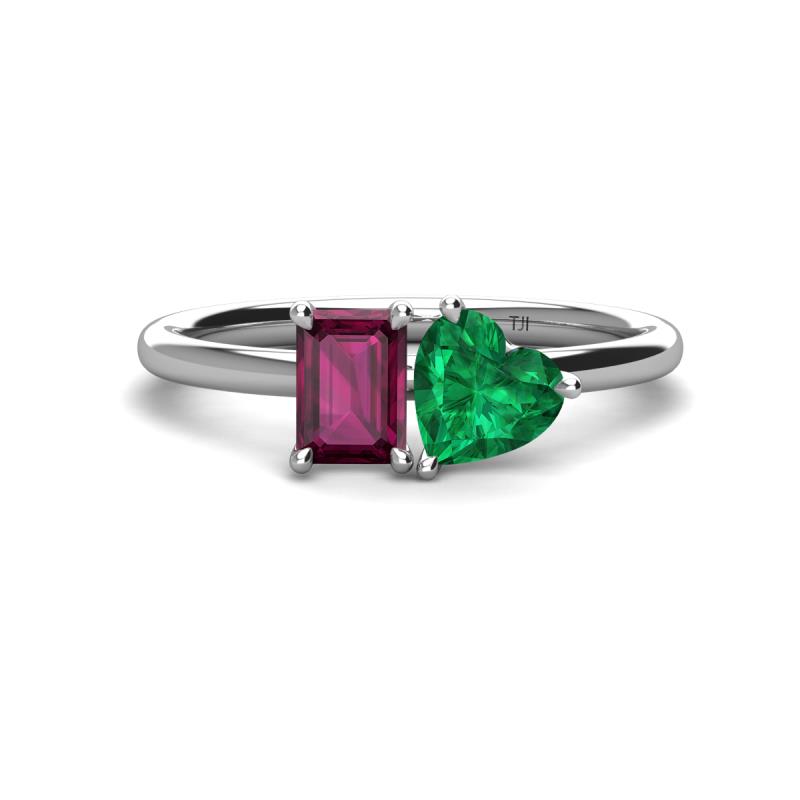 Esther Emerald Shape Rhodolite Garnet & Heart Shape Lab Created Emerald 2 Stone Duo Ring 