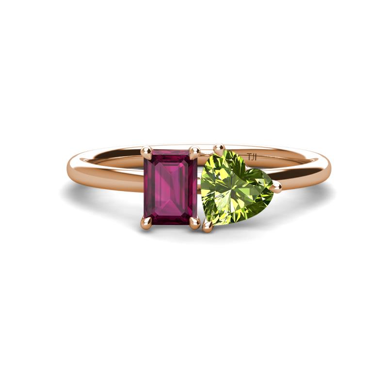 Esther Emerald Shape Rhodolite Garnet & Heart Shape Peridot 2 Stone Duo Ring 