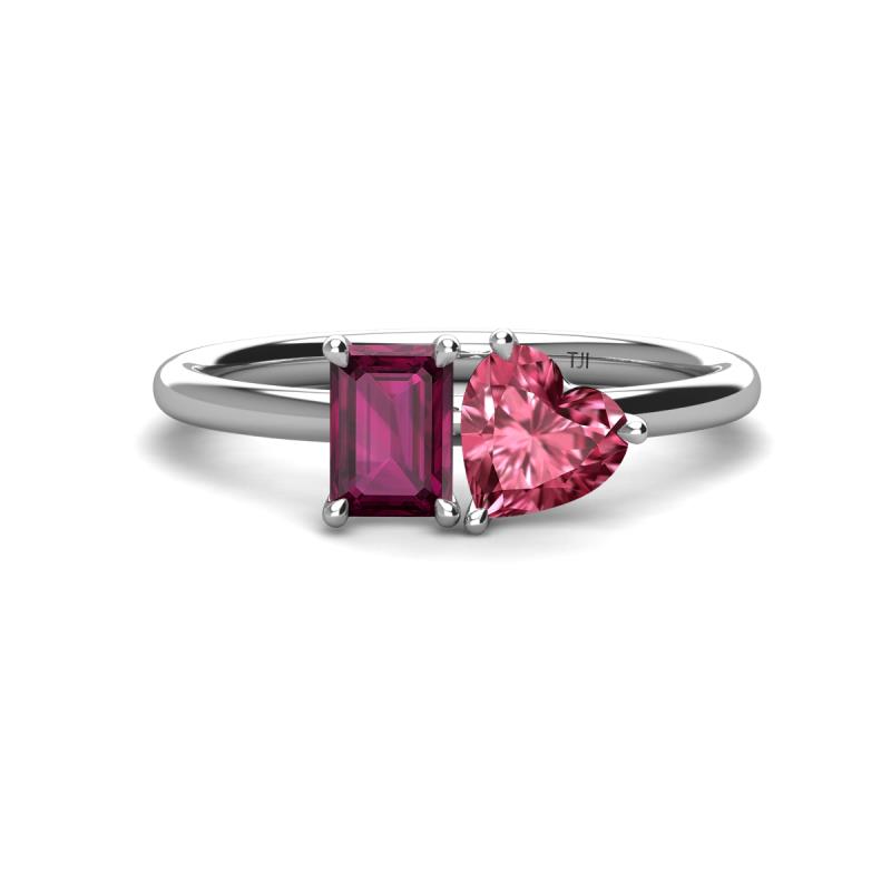 Esther Emerald Shape Rhodolite Garnet & Heart Shape Pink Tourmaline 2 Stone Duo Ring 