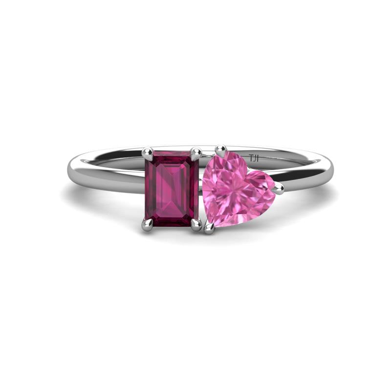 Esther Emerald Shape Rhodolite Garnet & Heart Shape Pink Sapphire 2 Stone Duo Ring 
