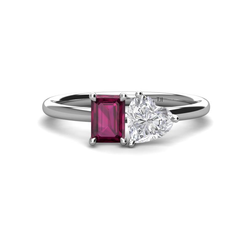 Esther Emerald Shape Rhodolite Garnet & Heart Shape White Sapphire 2 Stone Duo Ring 