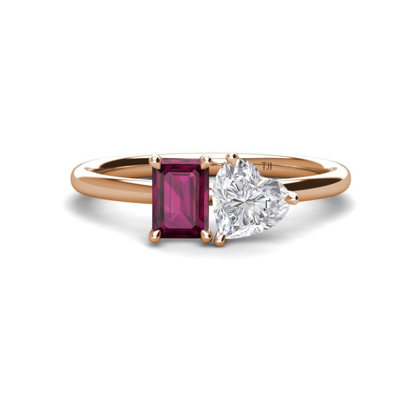 Esther Emerald Shape Rhodolite Garnet & Heart Shape White Sapphire 2 Stone Duo Ring 